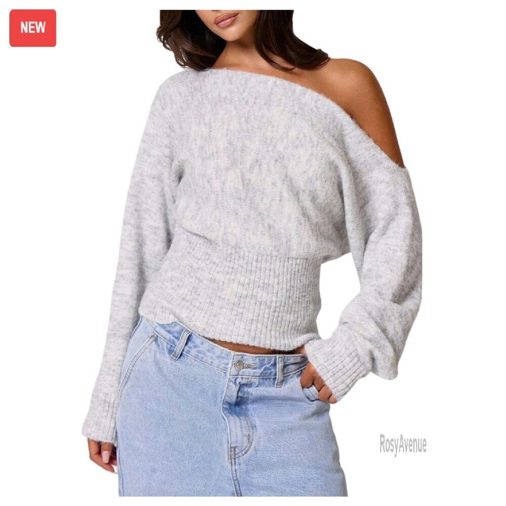 Off Shoulder Rib Knit Sweater Long Sleeve Cinched Waist Pullover